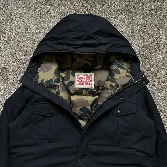 Rare 00s Levi’s Black Camo Insulated Down Puffer Jacket Parka Coat - Picture 2 of 8